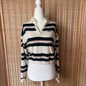 Dickies striped cropped long sleeve polo shirt with elastic waist